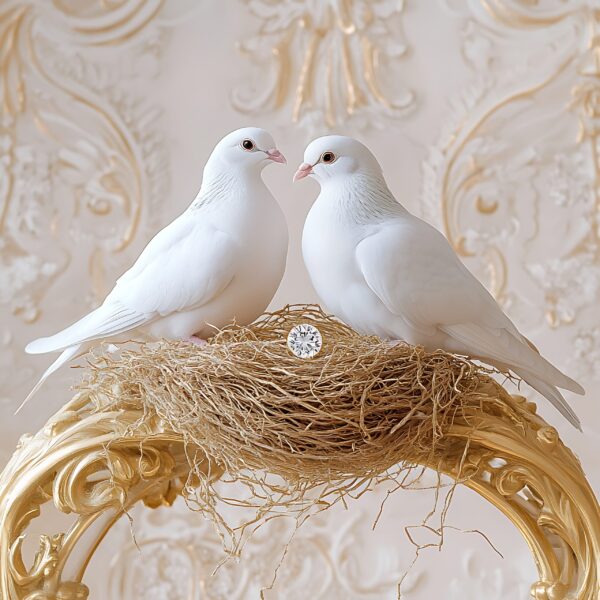 Two white doves in a nest, elegant setting