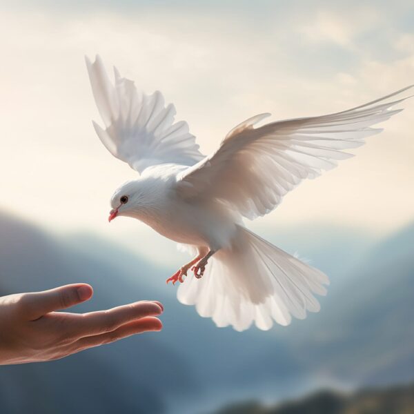 Code up hand releasing a white pigeon On the background, natural scenery, mountains, sky, blurred style. Freedom concept and international day of peace. Generative AI