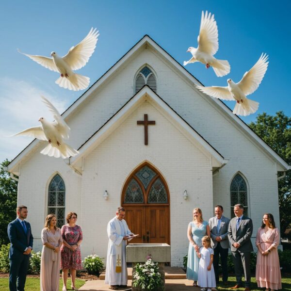 whitedovereleaseatachristianbaptizminfrontofachurch